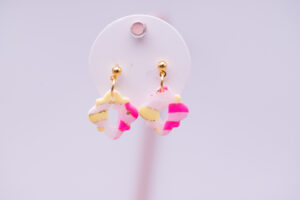 Boucles d'oreilles Enfant, rose et jaune fluo carrées version 2