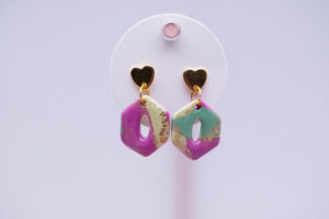 Boucles d'oreilles enfant losange rose et vert et puce coeur